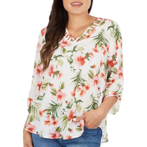Cure Apparel Womens Floral Cut Out 3/4 Sleeve
