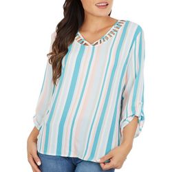 Cure Apparel Womens Striped Cut Out 3/4 Sleeve Top