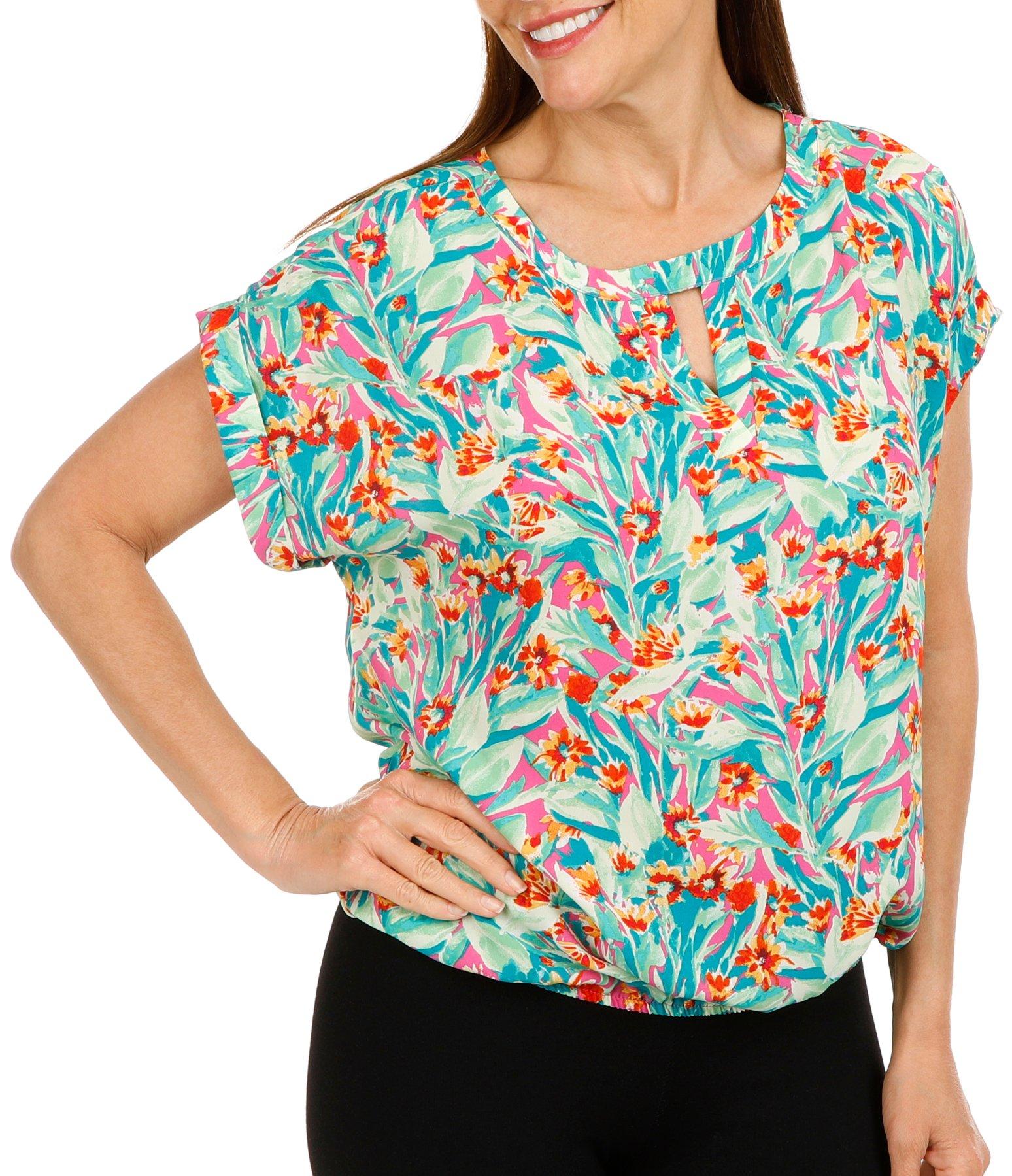 Womens Floral Printed Keyhole Short Sleeve Top