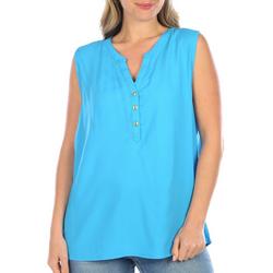 Womens Solid Button Placket Sleeveless Top