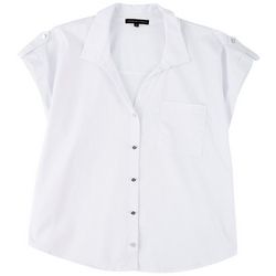 Adrienne Vittadini Womens Solid Buttoned Short Sleeve Top