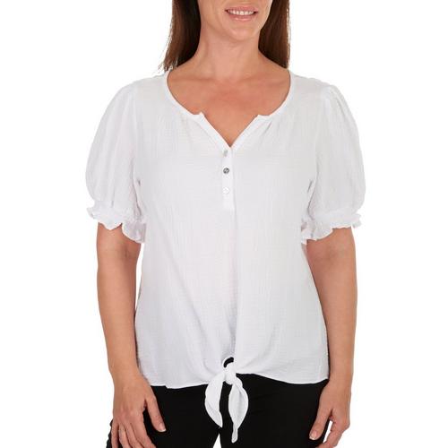 Adrienne Vittadini Womens Solid Tie Front Short Sleeve