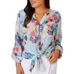 Womens Watercolor Button Down Tie Front 3/4 Sleeve Top