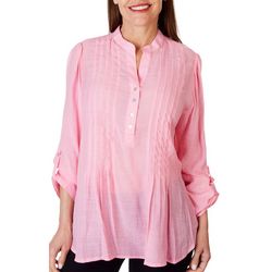 Womens Solid Pleated Henley 3/4 Sleeve Top