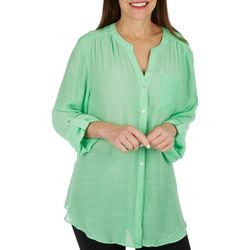 Womens Solid Button Down 3/4 Sleeve Top