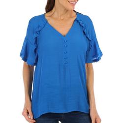 Womens Solid V-Neck Ruffle Flutter Sleeve Top