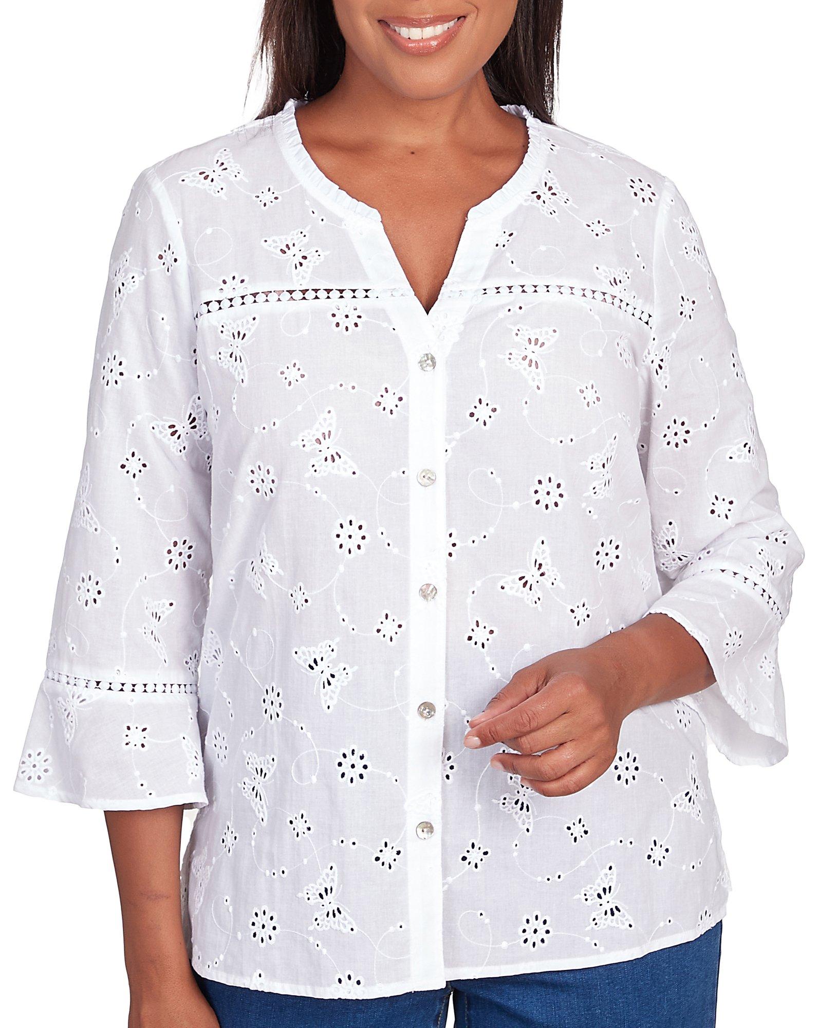 Alfred Dunner Womens Butterfly Eyelet 3/4 Sleeve Top