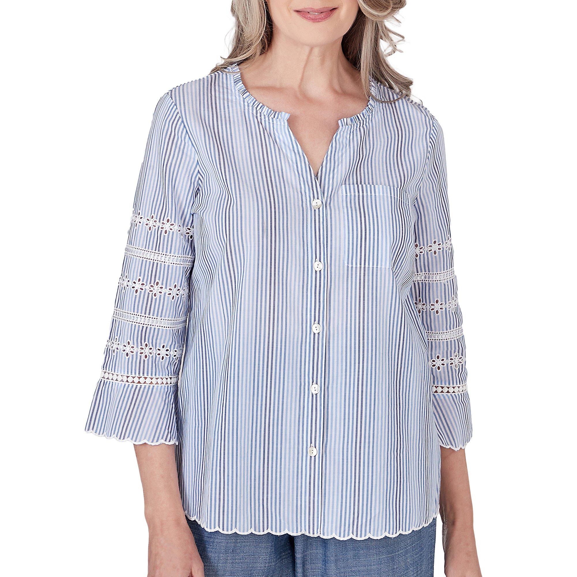 Womens Pinstripe Embroidered Button Down Top