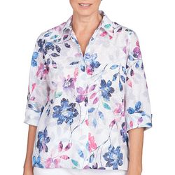 Alfred Dunner Womens Floral Button Down 3/4 Sleeve Top