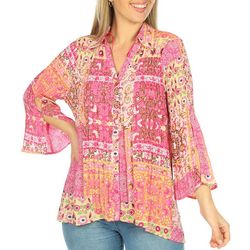 Sunny Leigh Womens Button Down Print Crinkle 3/4 Sleeve Top
