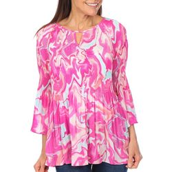 Sunny Leigh Womens Marble Print 3/4 Crinkle Top