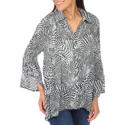 Sunny Leigh Womens Checkered Print 3/4 Crinkle Top