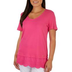 Womens Solid Eyelet Short Sleeve Top