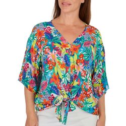 Hailey Lyn Womens Tropical Tie Front Short Sleeve Top