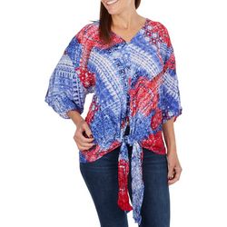 Hailey Lyn Womens Patchwork Print Tie Front Short Sleeve Top