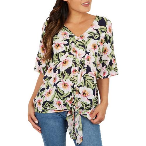 Hailey Lyn Womens Floral Tie Front Short Sleeve