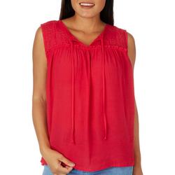 Womens Solid Embroidered Yoke Sleeveless Top