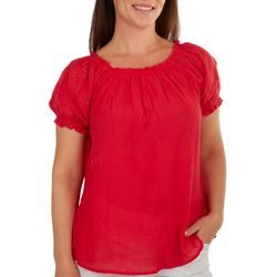 Como Blu Womens Solid Embroidered Puff Short Sleeve Top