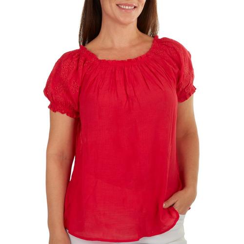 Como Blu Womens Solid Embroidered Puff Short Sleeve