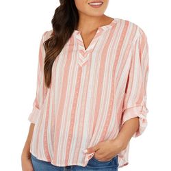 Como Blu Womens Stripe Print Split Neckline 3/4 Sleeve Top