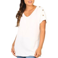 Womens Solid Three Button Woven Short Sleeve Top