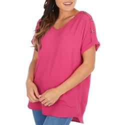 Womens Solid V Neck Button Short Sleeve Top