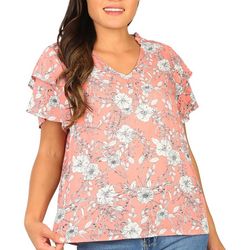 Womens Floral Print V Neck Tiered Short Sleeve Top