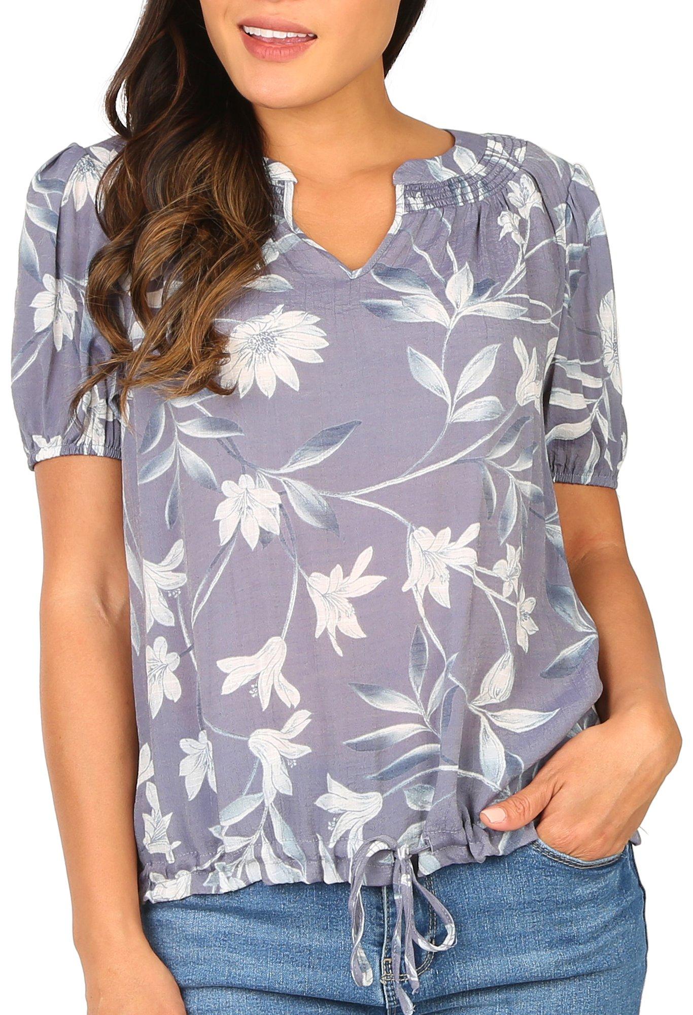 Womens Floral Split Neck Short Sleeve Top