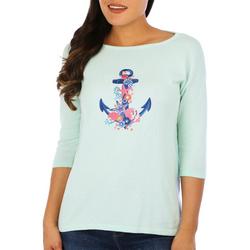 Womens Christmas Embroidered Anchor 3/4 Sleeve Sweater