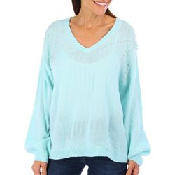 Womens Solid Pearl Long Sleeve Sweater