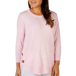 Womens Solid Scoop Neck Long Sleeve Button Tunic
