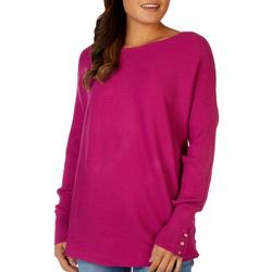 Womens Solid Ribbed Button Sleeve Sweater