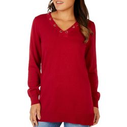 Colour Eighteen Womens Solid Laced Grommet V Neck Sweater