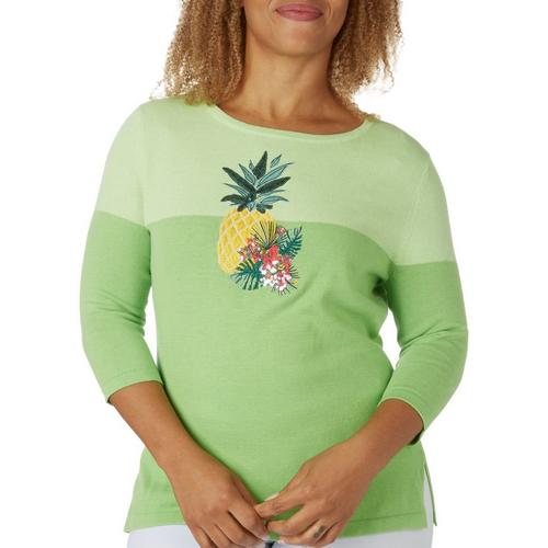 Cabana Cay Womens Embroidered Color Block Pineapple Sweater