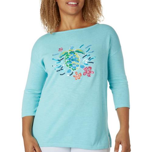 Cabana Cay Womens Solid Embroidered Turtle Sweater