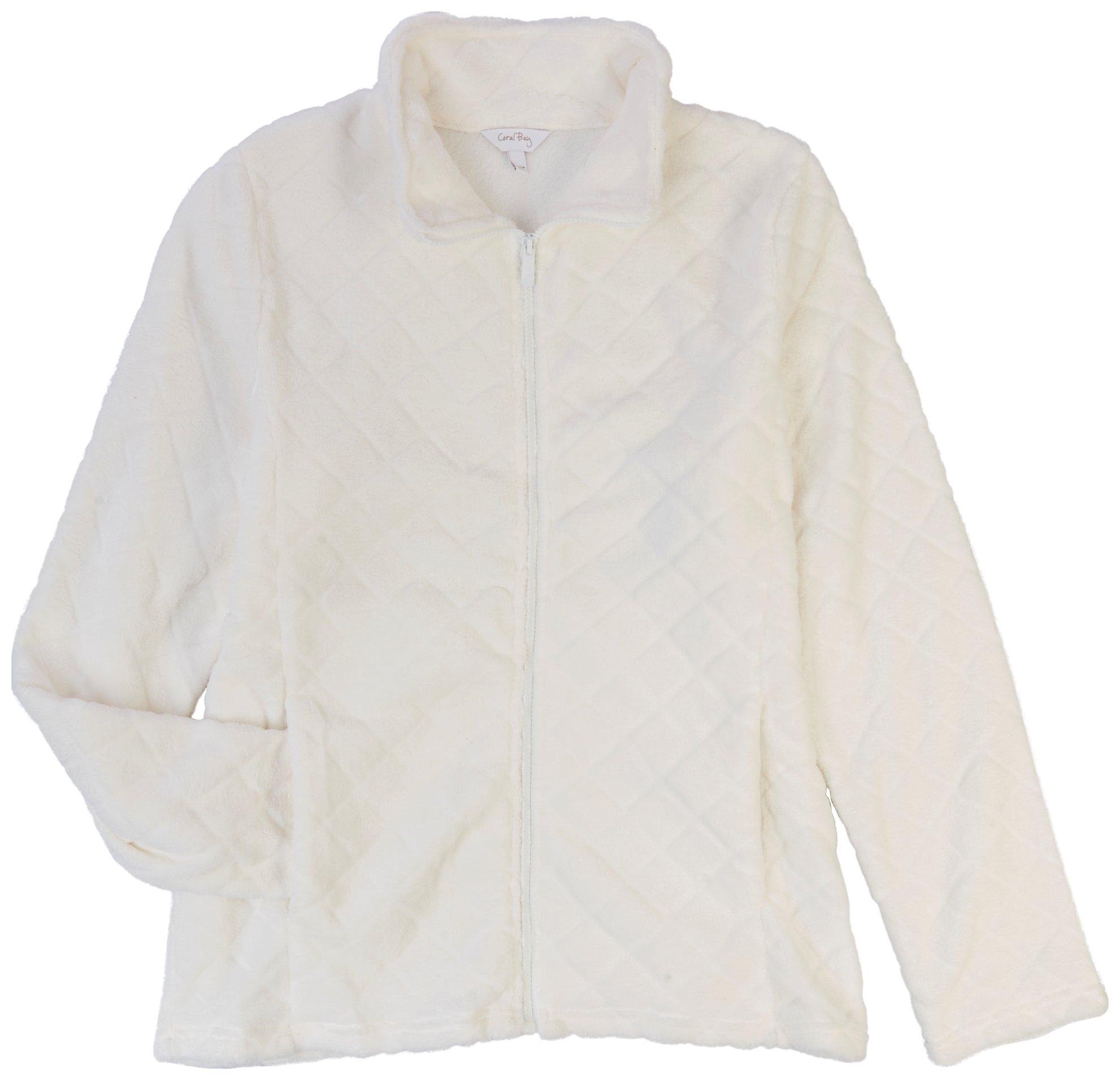 Coral Bay Womens Solid Cozy Checked Full Zipper Jacket