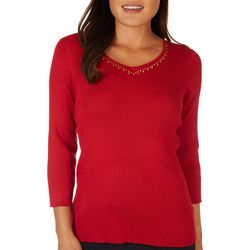 Cable & Gauge Womens Ribbed Embellished Long Sleeve Top