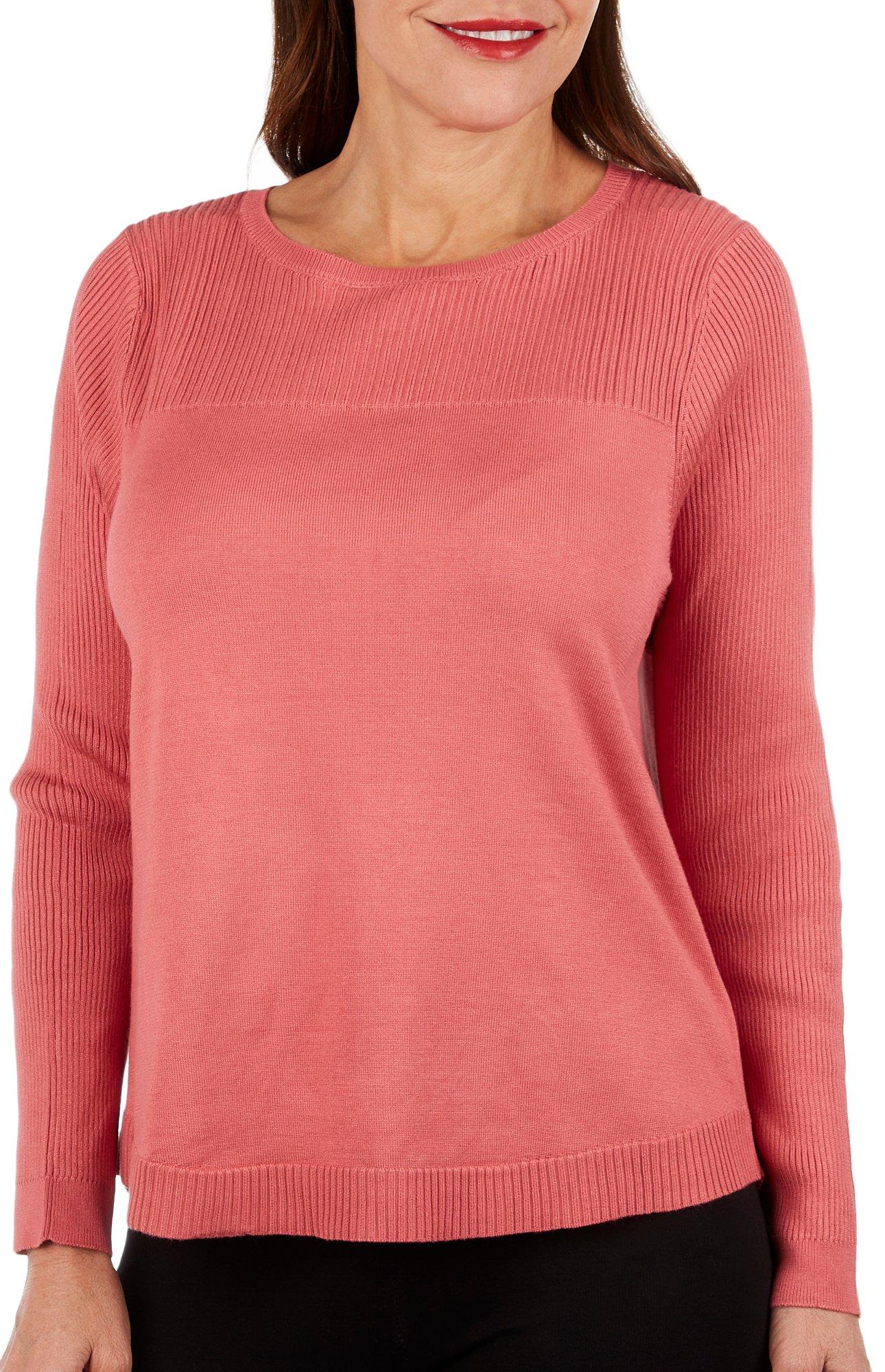 Cable & Gauge Womens Solid Ribbed Yoke Neck Long Sleeve Top
