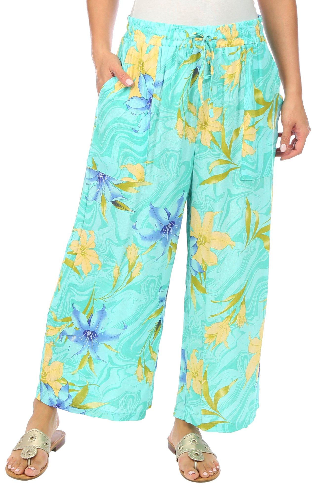 Juniper + Lime Womens Tropical Print Wide Leg Pants