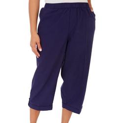 Womens Solid Sheeting Rolled Tab Capris