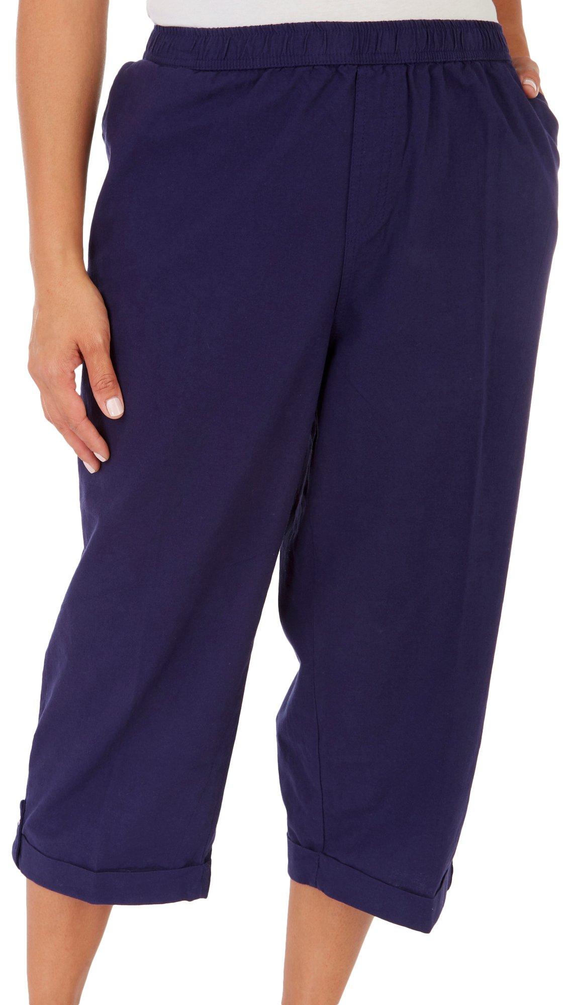 Womens Solid Sheeting Rolled Tab Capris