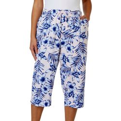 Coral Bay Womens 18 in. Palm Floral Drawstring Twill Capris
