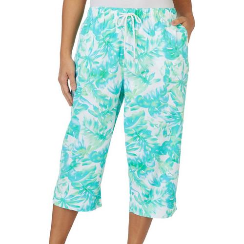Coral Bay Womens Tropical Leaves Drawstring Twill Capris