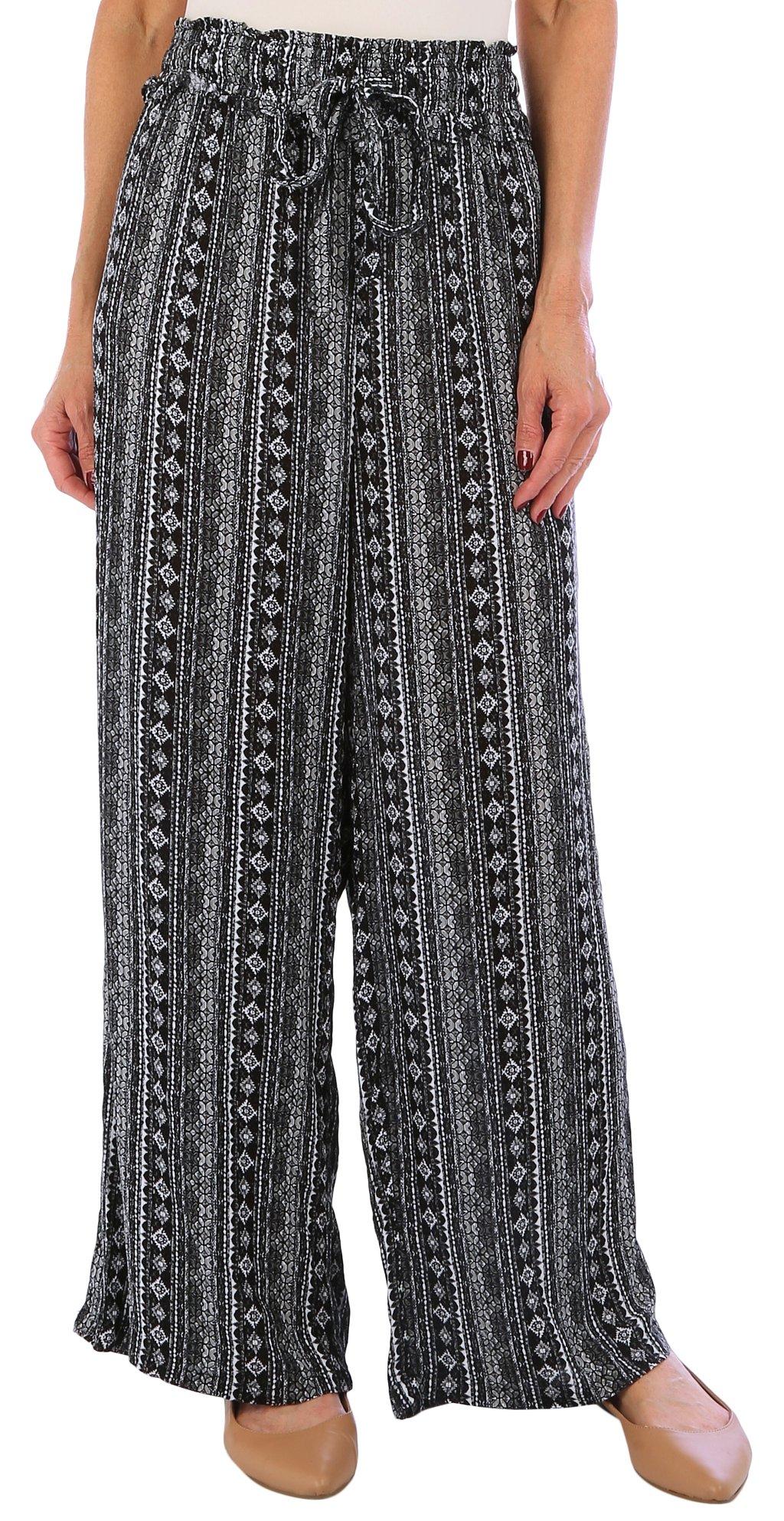 One World Womens Mixed Print Paperbag Wide Leg Pants