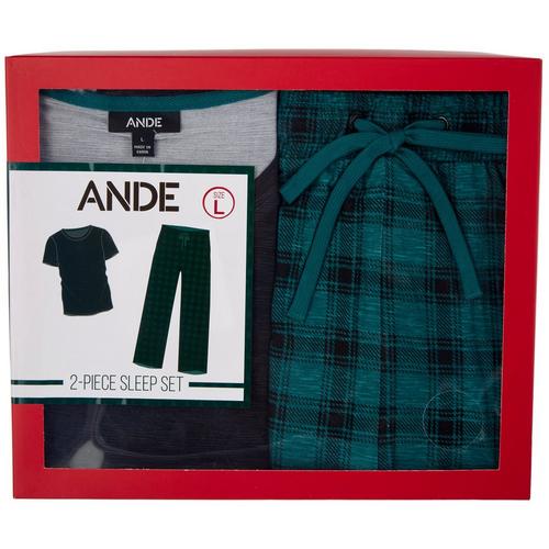 Ande Mens 2-Pc. Solid/Plaid Screen Print Pajama Set