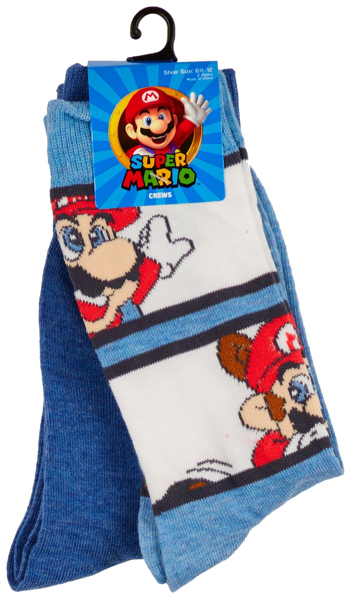 Super Mario Brothers Mens 2-Pair Racoon Print Crew