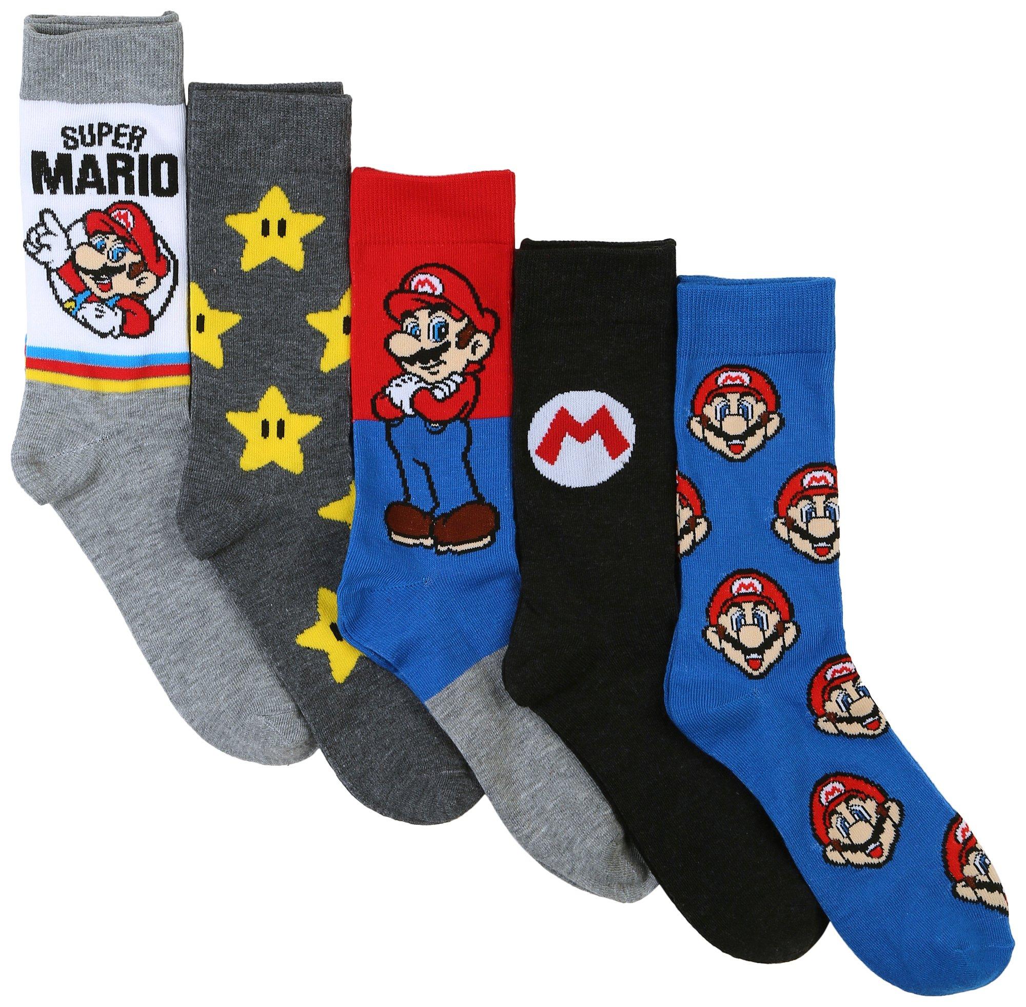 Super Mario Brothers Mens 5-Pr. Print Crew Socks