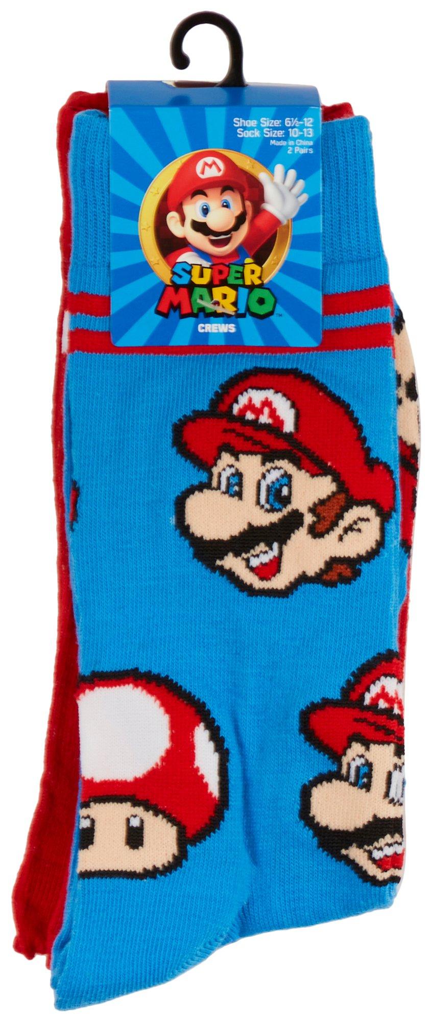 Super Mario Brothers Mens 2-Pair Mushroom Print Crew Socks