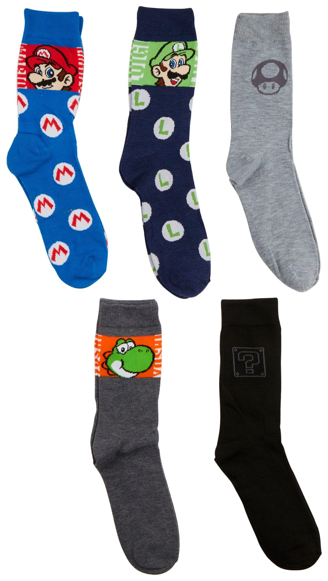 Super Mario Brothers Mens 5-Pair Print Crew Socks