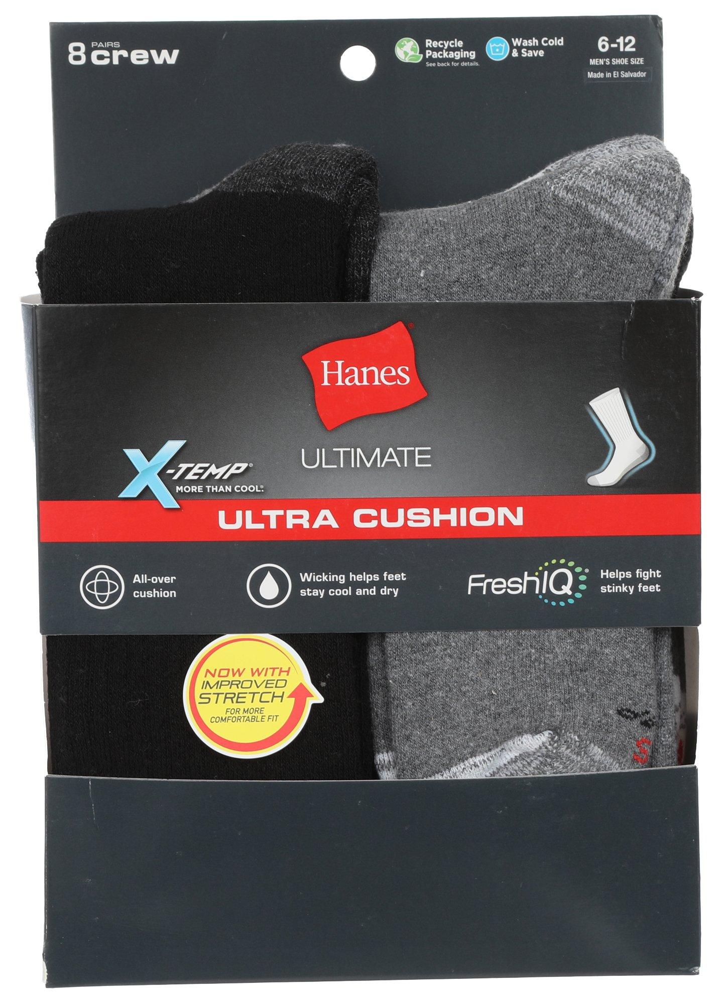 Hanes Mens 8-Pr. Ultra Cushion Wicking FreshIQ Crew Socks